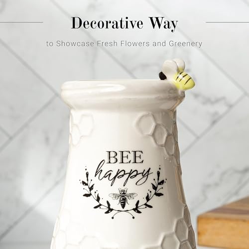 Young's Inc. Ceramic Flower Vase (Bee Happy) - White Ceramic Vase - Honeycomb Decor - 3" L x 3" W x 8" H Contains one Flower vase - Image 4