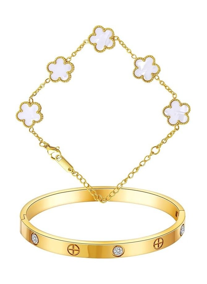 Fayrouz Jewellery - Stackable Gold Clover Bracelets for Women - 2 Pieces Stainless Steel 18K Gold Plated Friendship Love Cubic Zirconia Bracelets - Image 1