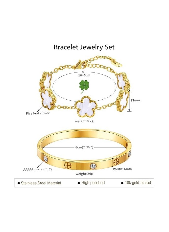 Fayrouz Jewellery - Stackable Gold Clover Bracelets for Women - 2 Pieces Stainless Steel 18K Gold Plated Friendship Love Cubic Zirconia Bracelets - Image 1