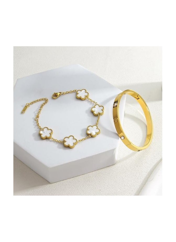 Fayrouz Jewellery - Stackable Gold Clover Bracelets for Women - 2 Pieces Stainless Steel 18K Gold Plated Friendship Love Cubic Zirconia Bracelets - Image 1
