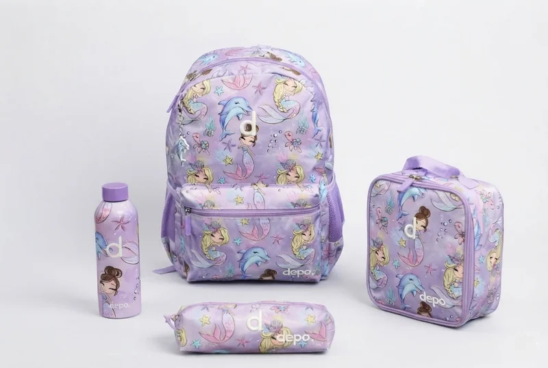 Depo DEPO 4-Piece School Backpack Set 44cm for Girls – Mermaid Print Backpack, Insulated Lunch Bag, Pencil Case & 500ml Stainless Steel Water Bottle – Purple
