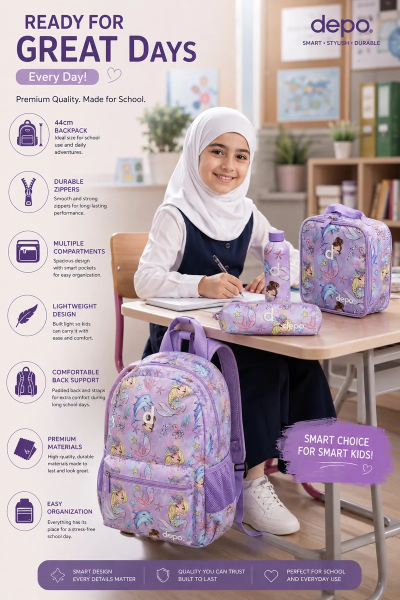 Depo DEPO 4-Piece School Backpack Set 44cm for Girls – Mermaid Print Backpack, Insulated Lunch Bag, Pencil Case & 500ml Stainless Steel Water Bottle – Purple