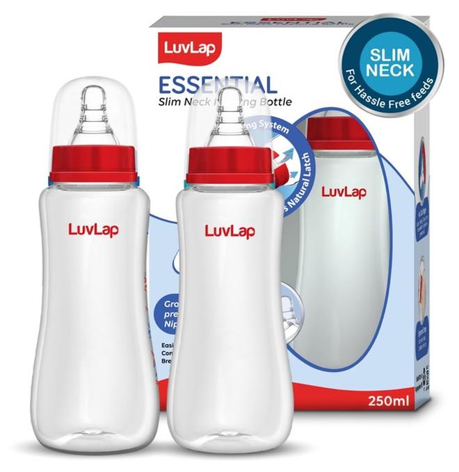 Luvlap Anti-Colic Slim/Regular Neck Essential Baby Plastic Feeding Bottle, 250Ml (Pack of 2), New Born/Infants/Toddler Upto 3 Years, BPA Free - Image 1