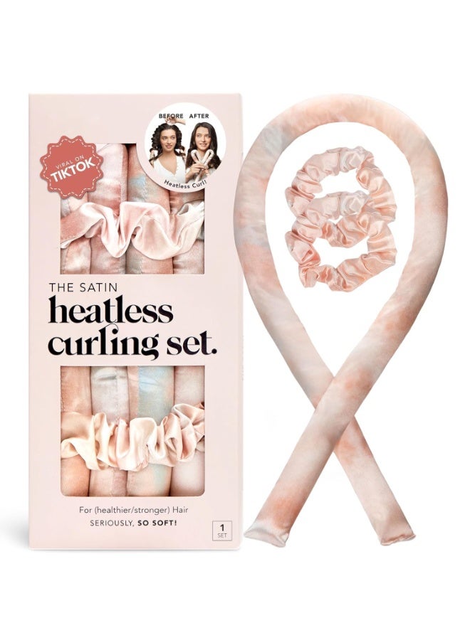 Satin Heatless Curlers Set – Heatless Curls Overnight with 34" Hair Curler & 2 Satin Scrunchies – Comfortable Hair Curlers to Sleep in for Frizz-Free, No Heat Damage Styling - Sunset Tie Dye - Image 1