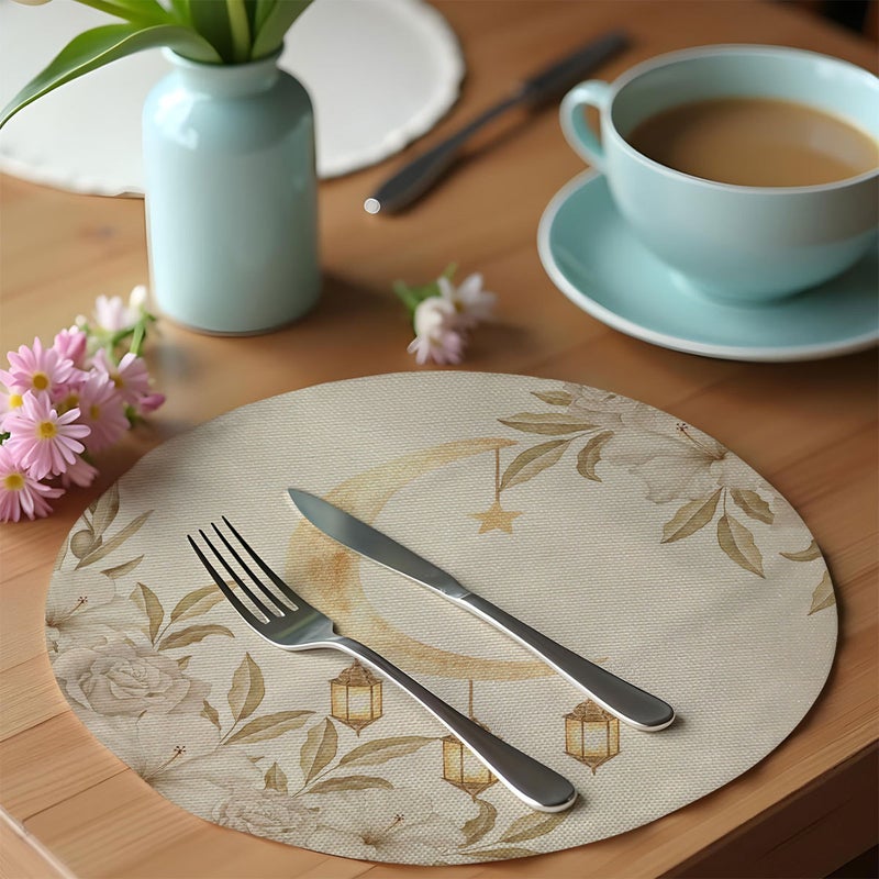 Islamic Moon Print Round Linen Placemats, Ramadan Eid Festival Table Decor Heat Resistant Mats, Durable Washable Dining Table Mats for Kitchen  Restaurant - Image 1