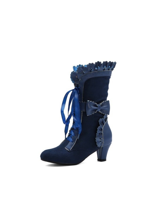 Autumn New Women's Boots Ruffled Bow Rider Boots Ribbon Boots 40-43 Large Size Boots