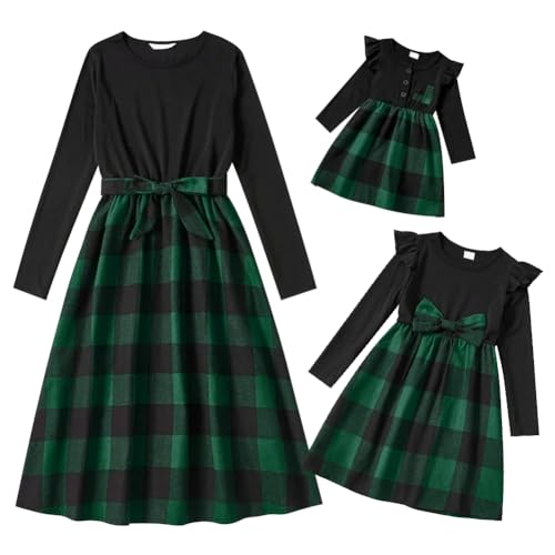 AWIBMK Mommy and Me Christmas Dresses Green Red Black Buffalo Plaid Dress Long Sleeve Fall Winter Santa Claus Xmas Holiday Party Gingham Mom Daughter Matching Outfits Photoshoot Green Checkered L - Image 3