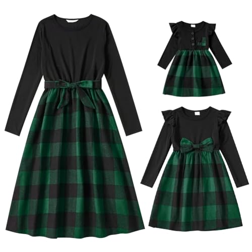 AWIBMK Mommy and Me Christmas Dresses Green Red Black Buffalo Plaid Dress Long Sleeve Fall Winter Santa Claus Xmas Holiday Party Gingham Mom Daughter Matching Outfits Photoshoot Green Checkered L - Image 1