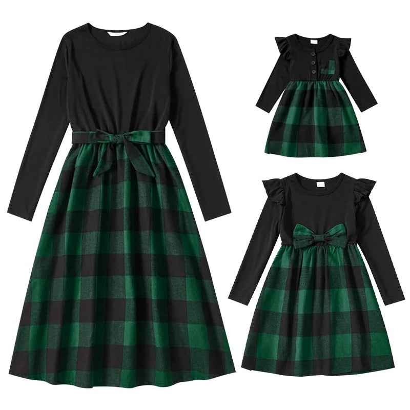 AWIBMK Mommy and Me Christmas Dresses Green Red Black Buffalo Plaid Dress Long Sleeve Fall Winter Santa Claus Xmas Holiday Party Gingham Mom Daughter Matching Outfits Photoshoot Green Checkered L - Image 2