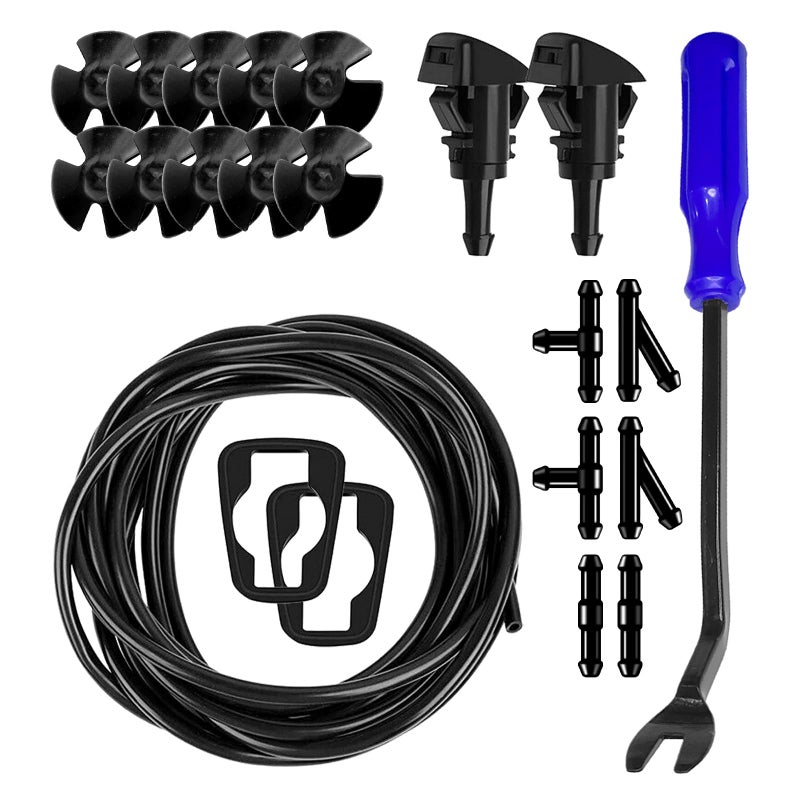 QKYS 22 PCS Car Windshield Washer Nozzle Hose Kit 4M Washer Fluid Hose 6 PCS Hose Connectors2 Fan Nozzles Gaskets 10Pcs Hood Retainers Suitable for Truck SUV Windshield Fluid Tubing Black - Image 3