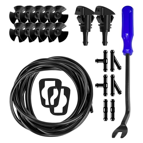 QKYS 22 PCS Car Windshield Washer Nozzle Hose Kit 4M Washer Fluid Hose 6 PCS Hose Connectors2 Fan Nozzles Gaskets 10Pcs Hood Retainers Suitable for Truck SUV Windshield Fluid Tubing Black - Image 1
