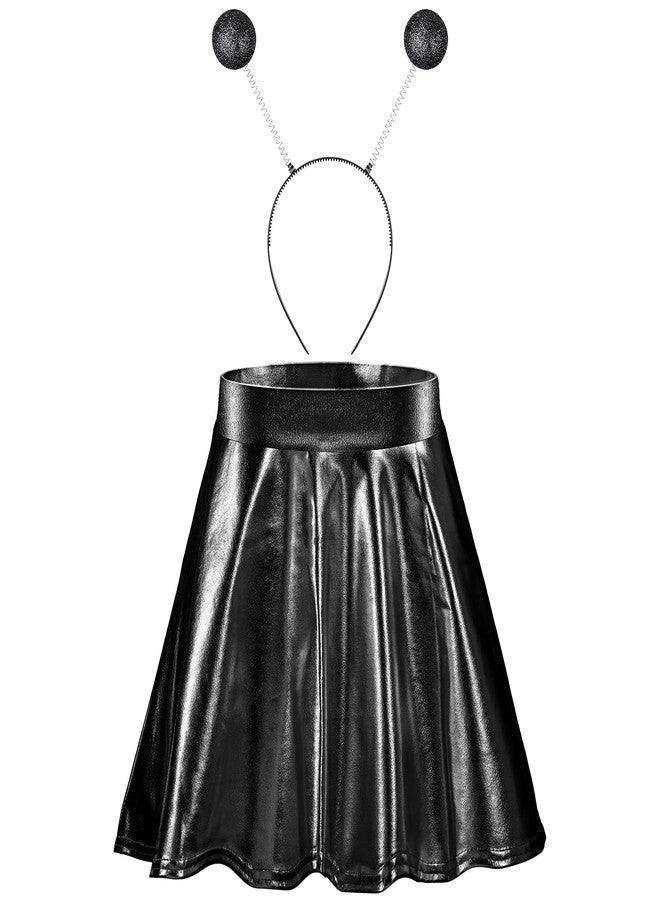 Sintege Halloween Alien Headband and Metallic Flared Pleated Skater Skirt for Costumes Supplies(Medium Skirt,Black) - Image 1