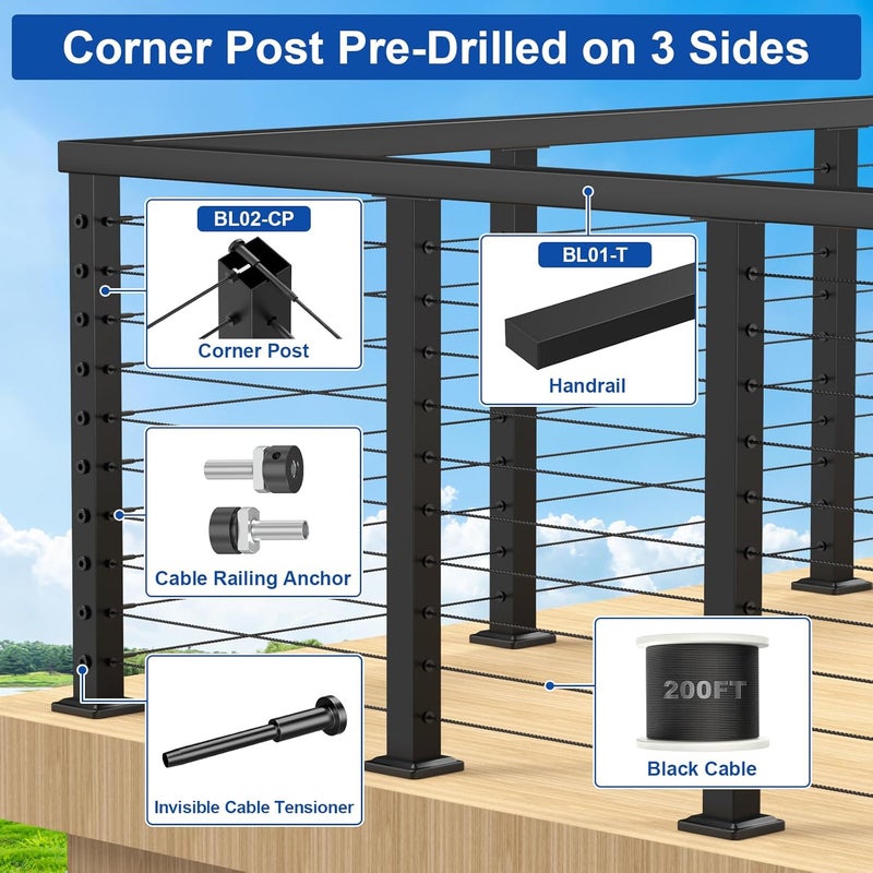 BLIKA 36" Cable Railing Corner Post(Post 35"x2"x2"), 3-Side Drilled Flat Top Surface Mount Corner Post, Stainless Steel Black Handrail Corner Post for Cable Railing Kits, BL05-CP - Image 3