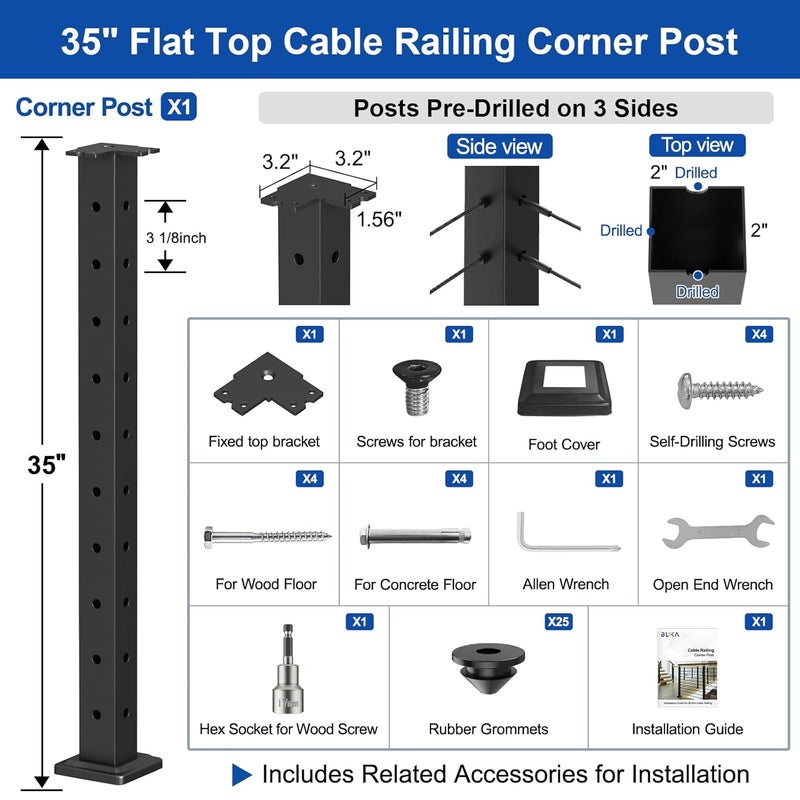 BLIKA 36" Cable Railing Corner Post(Post 35"x2"x2"), 3-Side Drilled Flat Top Surface Mount Corner Post, Stainless Steel Black Handrail Corner Post for Cable Railing Kits, BL05-CP - Image 2