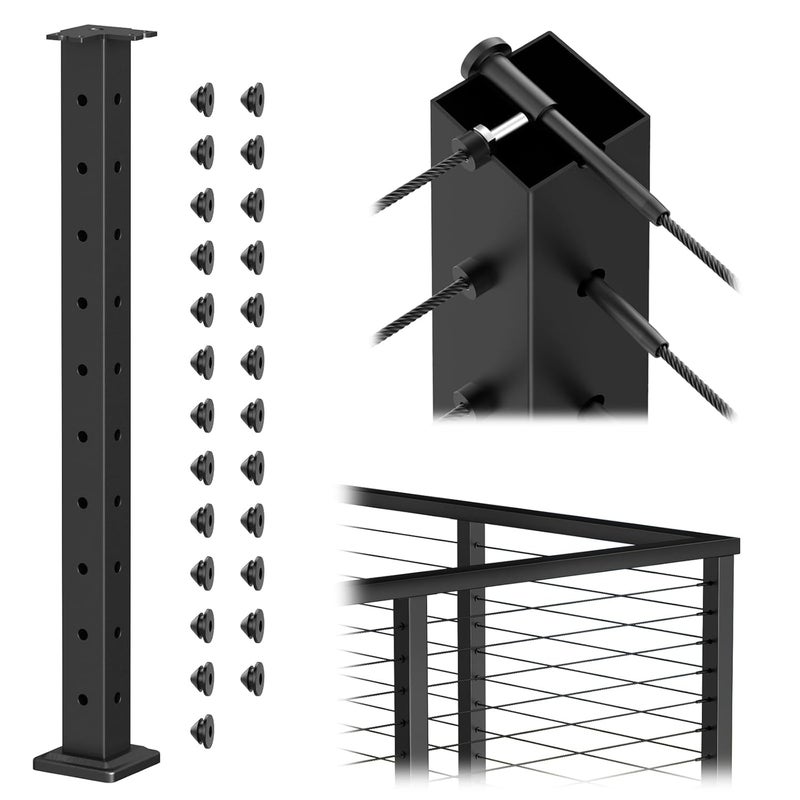 BLIKA 36" Cable Railing Corner Post(Post 35"x2"x2"), 3-Side Drilled Flat Top Surface Mount Corner Post, Stainless Steel Black Handrail Corner Post for Cable Railing Kits, BL05-CP - Image 1