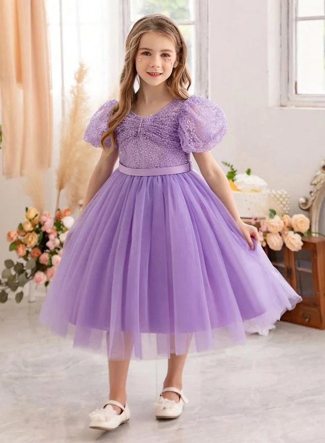 Take Two  Girl Solid Puff Sleeve Lace Top Mesh Party Dress for Women | Best Price UAE