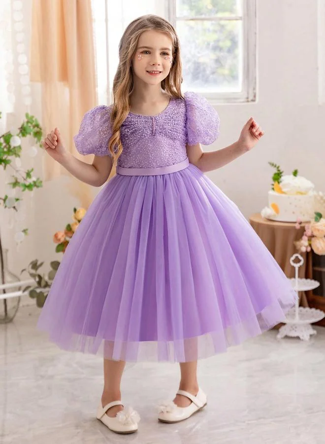 Take Two  Girl Solid Puff Sleeve Lace Top Mesh Party Dress for Women | Best Price UAE
