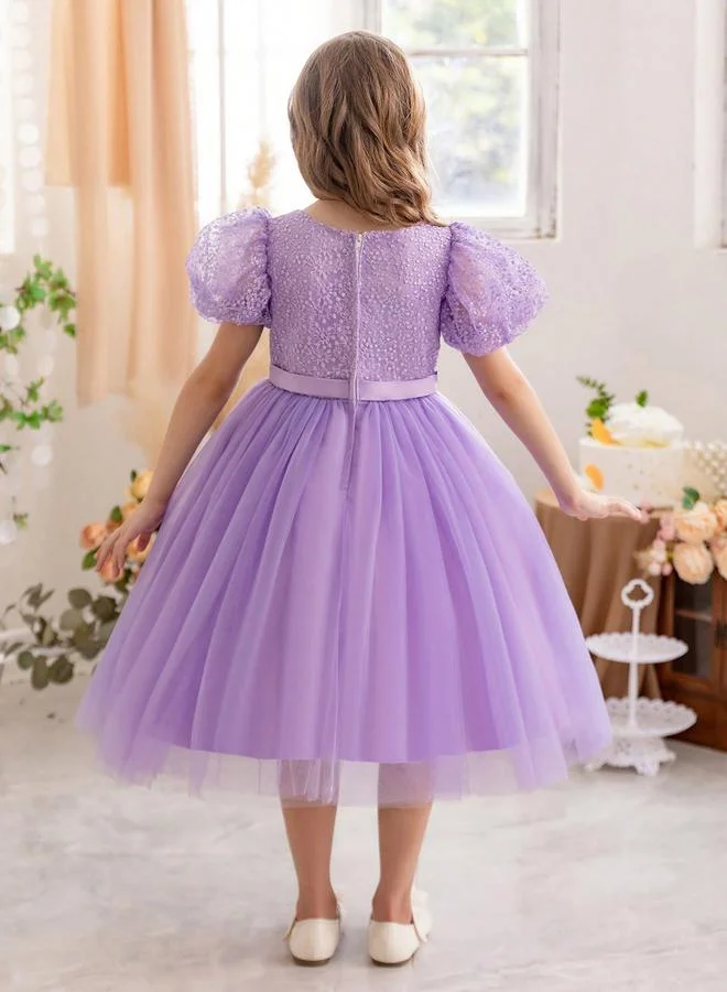 Take Two  Girl Solid Puff Sleeve Lace Top Mesh Party Dress for Women | Best Price UAE