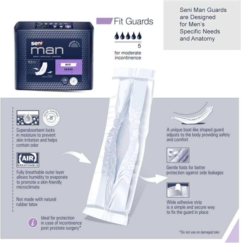 SENI Man Active Guards Male Incontinence Bladder Control Pads 312 x 15710 10 Count 1 Pack of 10 Heavy Absorbency with Adhesive Strip and Super Absorbent Core for Men - Image 2