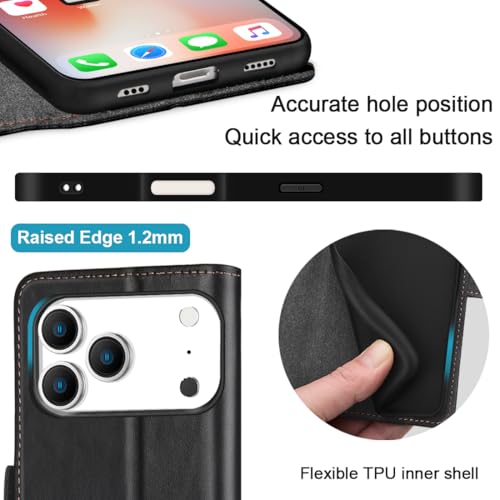 KEZiHOME Compatible with iPhone 17 pro max Wallet case, Shockproof Genuine Leather[RFID Blocking] Card Slot Magnetic Stand Filio Phone case for iPhone 17 pro max 5G (Black/Brown) - Image 5