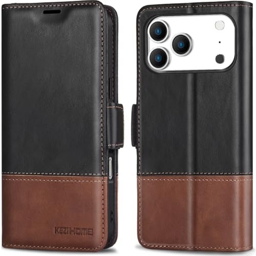 KEZiHOME Compatible with iPhone 17 pro max Wallet case, Shockproof Genuine Leather[RFID Blocking] Card Slot Magnetic Stand Filio Phone case for iPhone 17 pro max 5G (Black/Brown) - Image 1