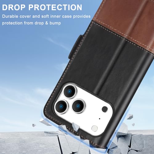 KEZiHOME Compatible with iPhone 17 pro max Wallet case, Shockproof Genuine Leather[RFID Blocking] Card Slot Magnetic Stand Filio Phone case for iPhone 17 pro max 5G (Black/Brown) - Image 4