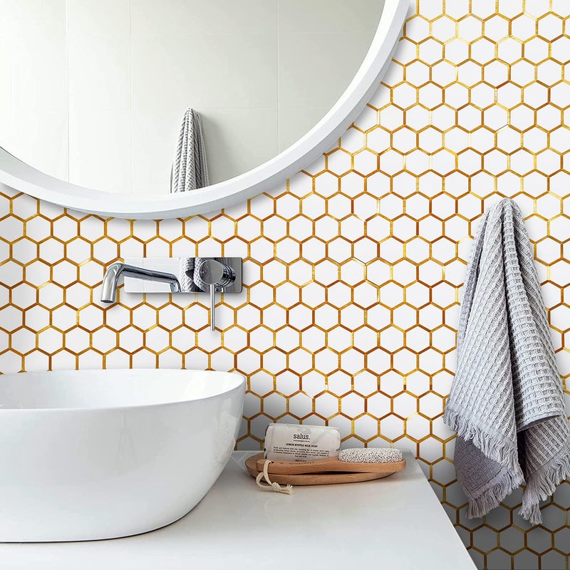 DICOFUN 10-Sheet Hexagon Peel and Stick Backsplash Tile, Polished White Tile Look Mixed Gold Kitchen Backsplash Peel and Stick Wall Tiles - Image 2