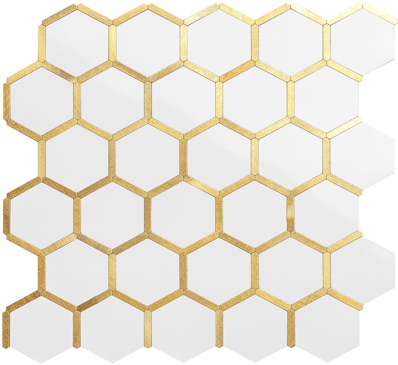 DICOFUN 10-Sheet Hexagon Peel and Stick Backsplash Tile, Polished White Tile Look Mixed Gold Kitchen Backsplash Peel and Stick Wall Tiles - Image 1