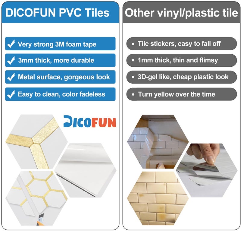 DICOFUN 10-Sheet Hexagon Peel and Stick Backsplash Tile, Polished White Tile Look Mixed Gold Kitchen Backsplash Peel and Stick Wall Tiles - Image 4