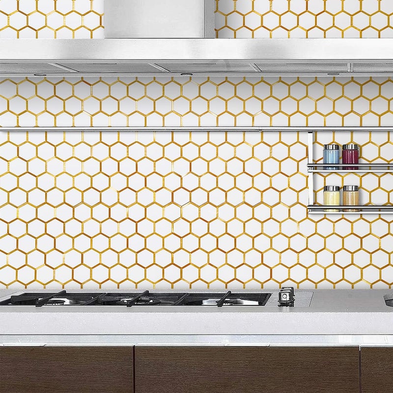 DICOFUN 10-Sheet Hexagon Peel and Stick Backsplash Tile, Polished White Tile Look Mixed Gold Kitchen Backsplash Peel and Stick Wall Tiles - Image 5