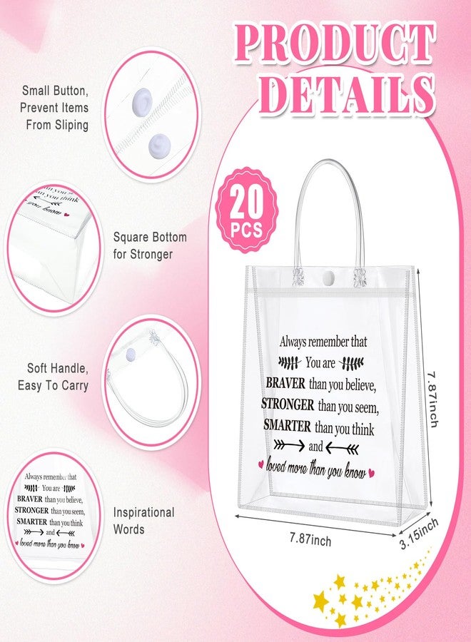 Dansydaisy 20 Pcs Inspirational Gifts Bulk for Women Clear PVC Thank You Gift Bags Reusable Goodie Bags with Handles for Mother's Day Wedding 7.87 x 7.87 Inch(Always Remember You Are Braver Than You) - Image 2