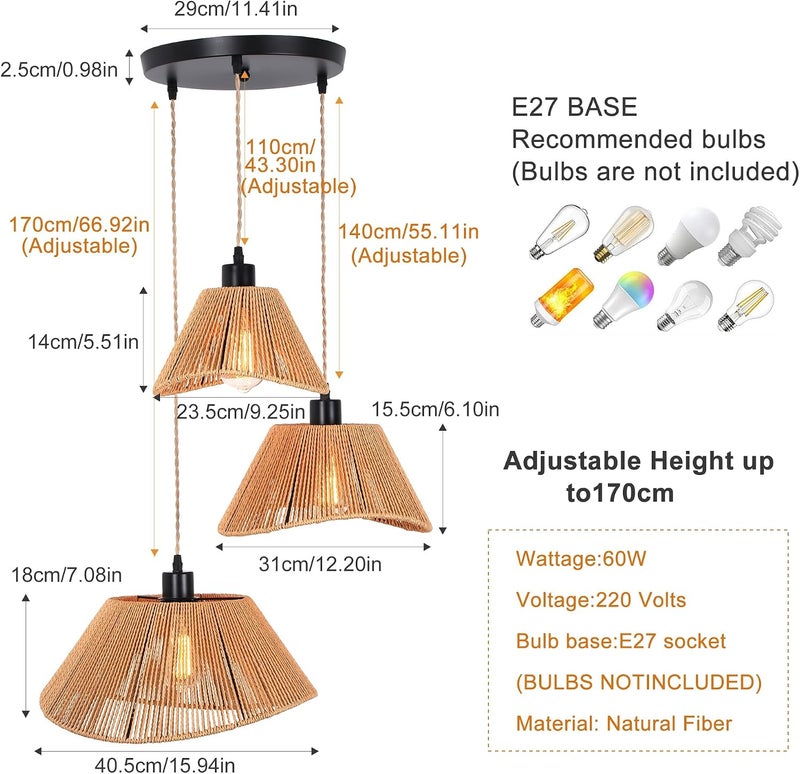 Garwarm Rattan Pendant Light Boho Hanging Light,3-Lights Handmade Pendant Light Fixture Adjustable Farmhouse Twine Shade Chandelier for Living Dining Room Kitchen Bar coffee Foyer Hallway 41 +31+23cm - Image 3