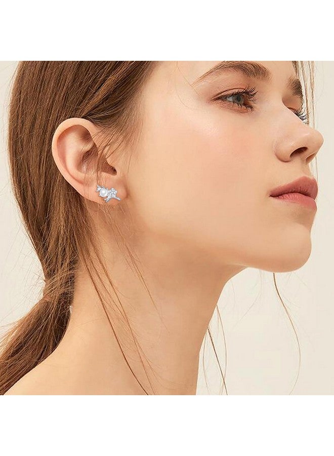 925 Sterling Silver Cherry Blossom/Camellia Earrings White Cubic Zircon Flower Pearl Earring For Women Cute Decoration Hypoallergenic Jewelry Birthday Valentine'S Day (Camellia)