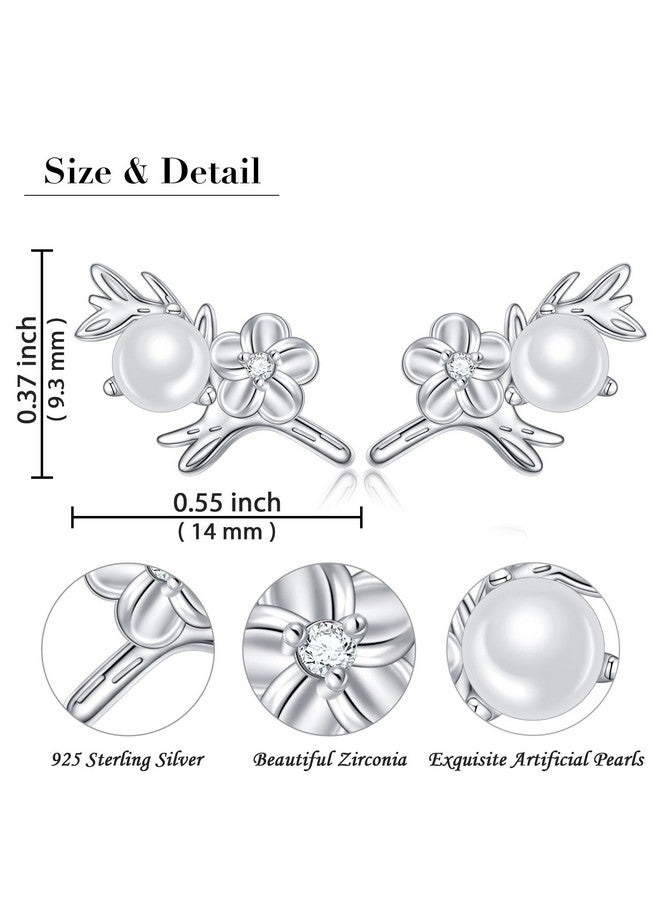 925 Sterling Silver Cherry Blossom/Camellia Earrings White Cubic Zircon Flower Pearl Earring For Women Cute Decoration Hypoallergenic Jewelry Birthday Valentine'S Day (Camellia)