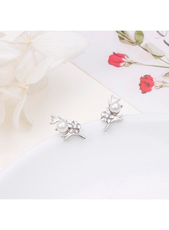 925 Sterling Silver Cherry Blossom/Camellia Earrings White Cubic Zircon Flower Pearl Earring For Women Cute Decoration Hypoallergenic Jewelry Birthday Valentine'S Day (Camellia)