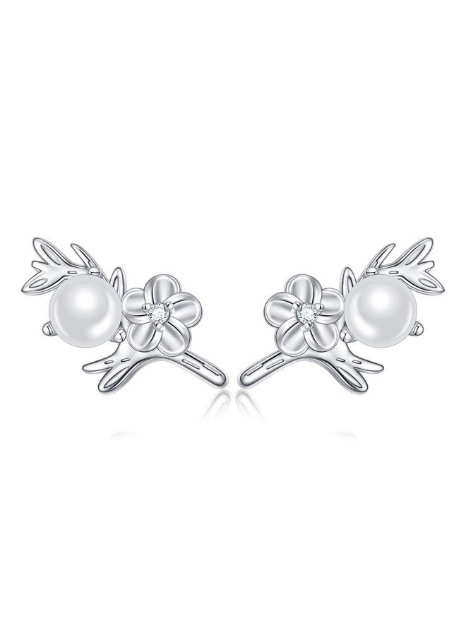 925 Sterling Silver Cherry Blossom/Camellia Earrings White Cubic Zircon Flower Pearl Earring For Women Cute Decoration Hypoallergenic Jewelry Birthday Valentine'S Day (Camellia)