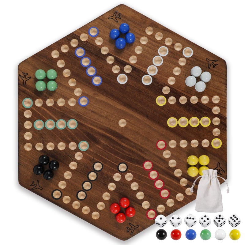 Wahartoly 20 in Wooden Fast Track Board Game Original Wahoo Board Game for 6 and 4 Players with Marbles and Dices Burnt Color Board Marble GameLarge - Image 3