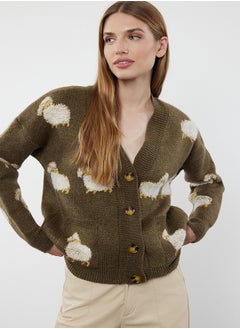 trendyol Khaki Soft Textured Animal Patterned Knitwear Cardigan TWOAW21HI0476  - Image 1