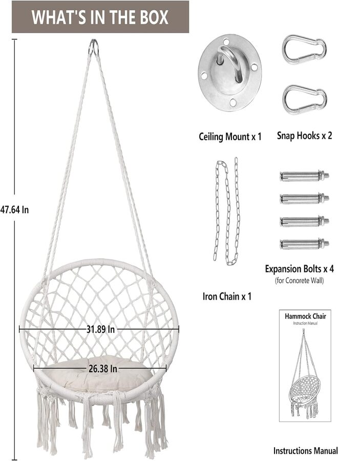 سکیلو كرسي أرجوحة مع وسادة، سعة 330 رطلاً، أرجوحة معلقة من حبل قطني بتصميم بوهو ماكراميه للاستخدام الداخلي والخارجي والفناء وغرفة النوم والشرفة - مريحة وأنيقة وقابلة للحمل (بيج) - Image 3