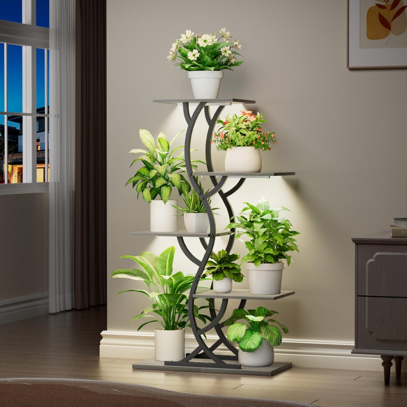 EVAWOO Plant Stand Indoor with Grow Lights - 44" Tall Corner Plant Stands for Indoor Plants, 5 Tiered Metal Plant Shelf, Curved Plant Flower Holder Dispaly Rack for Living Room, Home Patio Balcony (Gray) - Image 4