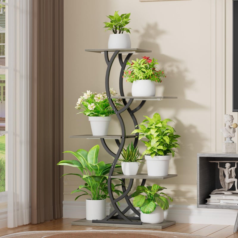EVAWOO Plant Stand Indoor with Grow Lights - 44" Tall Corner Plant Stands for Indoor Plants, 5 Tiered Metal Plant Shelf, Curved Plant Flower Holder Dispaly Rack for Living Room, Home Patio Balcony (Gray) - Image 3