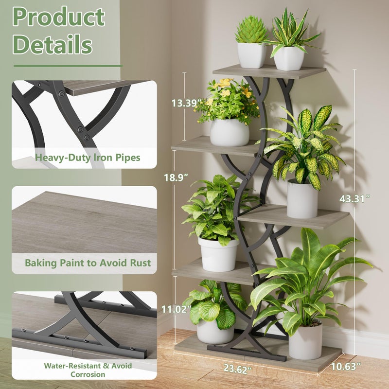 EVAWOO Plant Stand Indoor with Grow Lights - 44" Tall Corner Plant Stands for Indoor Plants, 5 Tiered Metal Plant Shelf, Curved Plant Flower Holder Dispaly Rack for Living Room, Home Patio Balcony (Gray) - Image 2