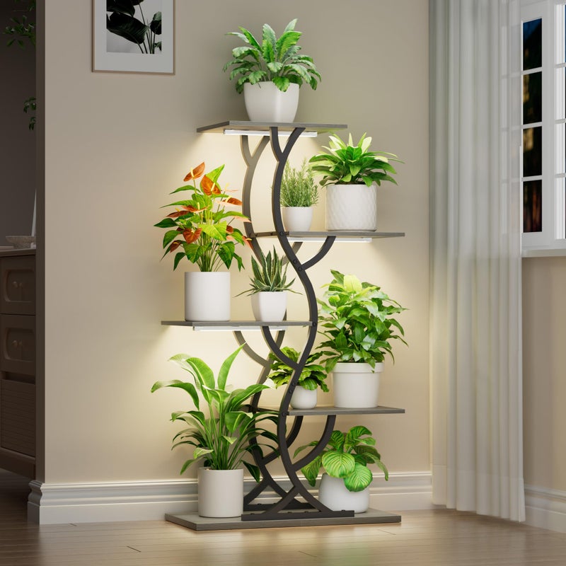 EVAWOO Plant Stand Indoor with Grow Lights - 44" Tall Corner Plant Stands for Indoor Plants, 5 Tiered Metal Plant Shelf, Curved Plant Flower Holder Dispaly Rack for Living Room, Home Patio Balcony (Gray) - Image 1