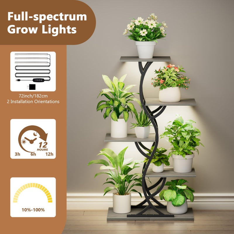 EVAWOO Plant Stand Indoor with Grow Lights - 44" Tall Corner Plant Stands for Indoor Plants, 5 Tiered Metal Plant Shelf, Curved Plant Flower Holder Dispaly Rack for Living Room, Home Patio Balcony (Gray) - Image 5