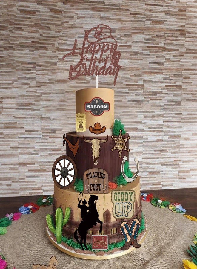 Pretyps 16 Pcs Cowboy Cake Toppers Glitter Cowboy Hat Cake Decorations Western Theme Happy Birthday Party Decoration for Boys Girls , Cowboy Birthday Sign Birthday Decor Party Decor Party Supplies - Image 2