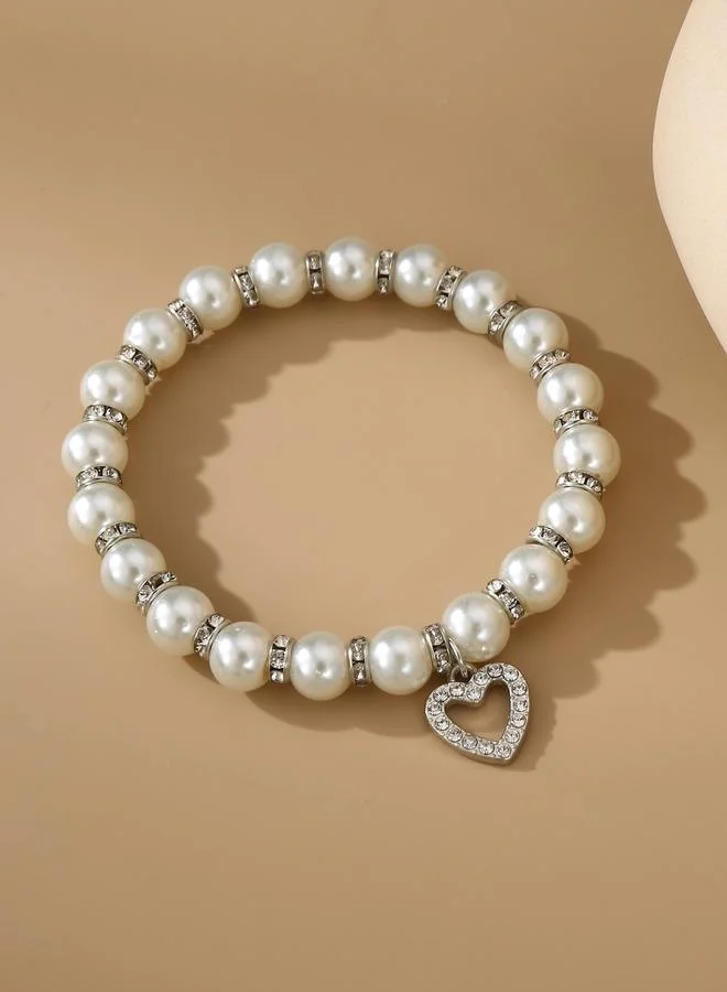 Take Two  White Pearls and Rhinestone Embellished with Heart Charm Bracelet for Women | Best Price UAE