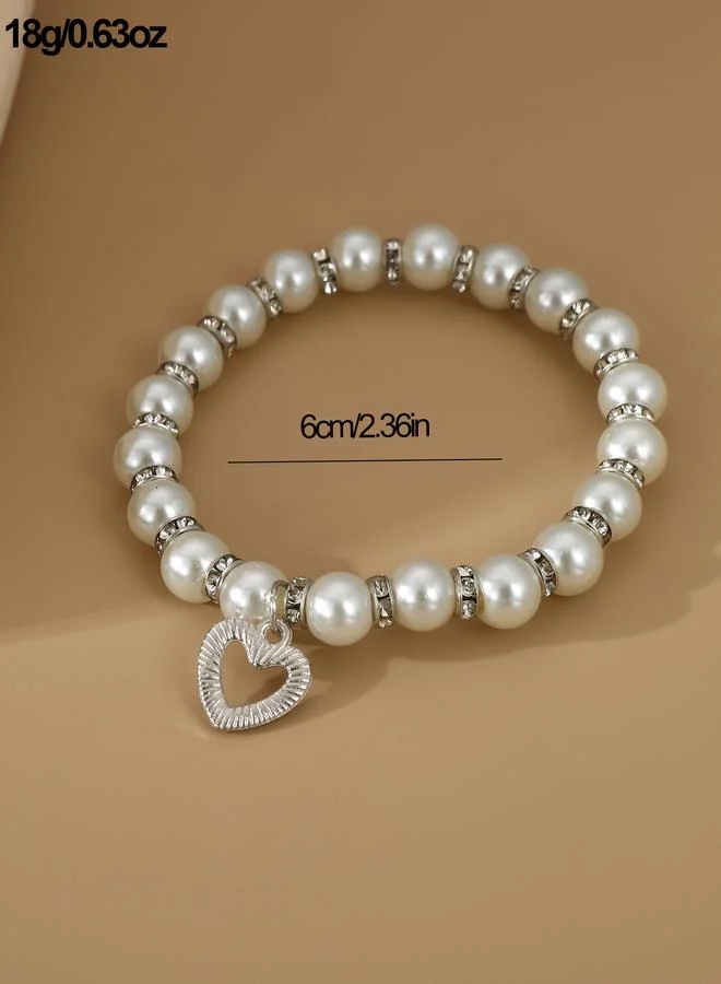 Take Two  White Pearls and Rhinestone Embellished with Heart Charm Bracelet for Women | Best Price UAE