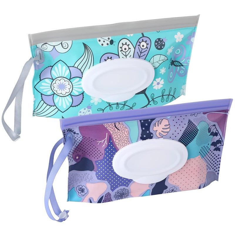 FEBSNOW 2 Pack Baby Wipe Dispenser, Reusable Portable Wipe Holder, Baby Wipes Container, Travel Baby Wipes, Refillable Wet Wipe Pouch (Floral) - Image 1