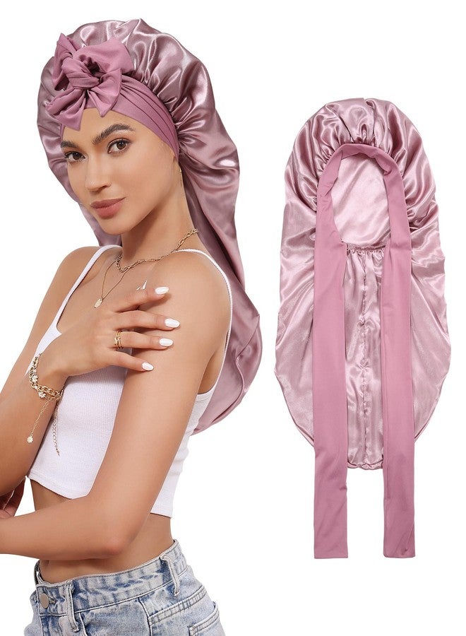 CHLINS Long Bonnet Satin Bonnet for Sleeping Women Double Layer Hair Bonnet Braid Bonnet with Stretchy Tie Band(Bean Paste) - Image 1