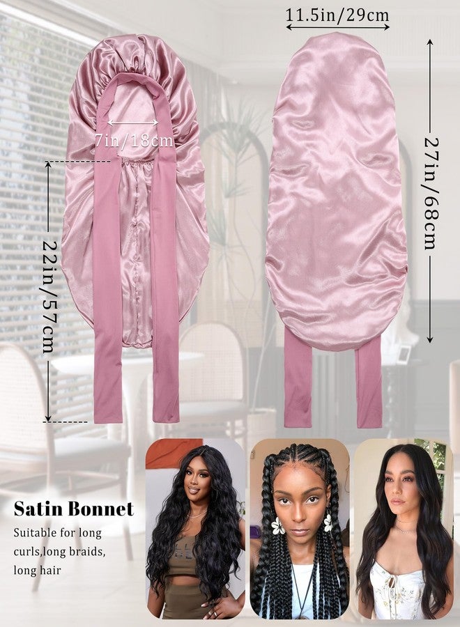 CHLINS Long Bonnet Satin Bonnet for Sleeping Women Double Layer Hair Bonnet Braid Bonnet with Stretchy Tie Band(Bean Paste) - Image 2